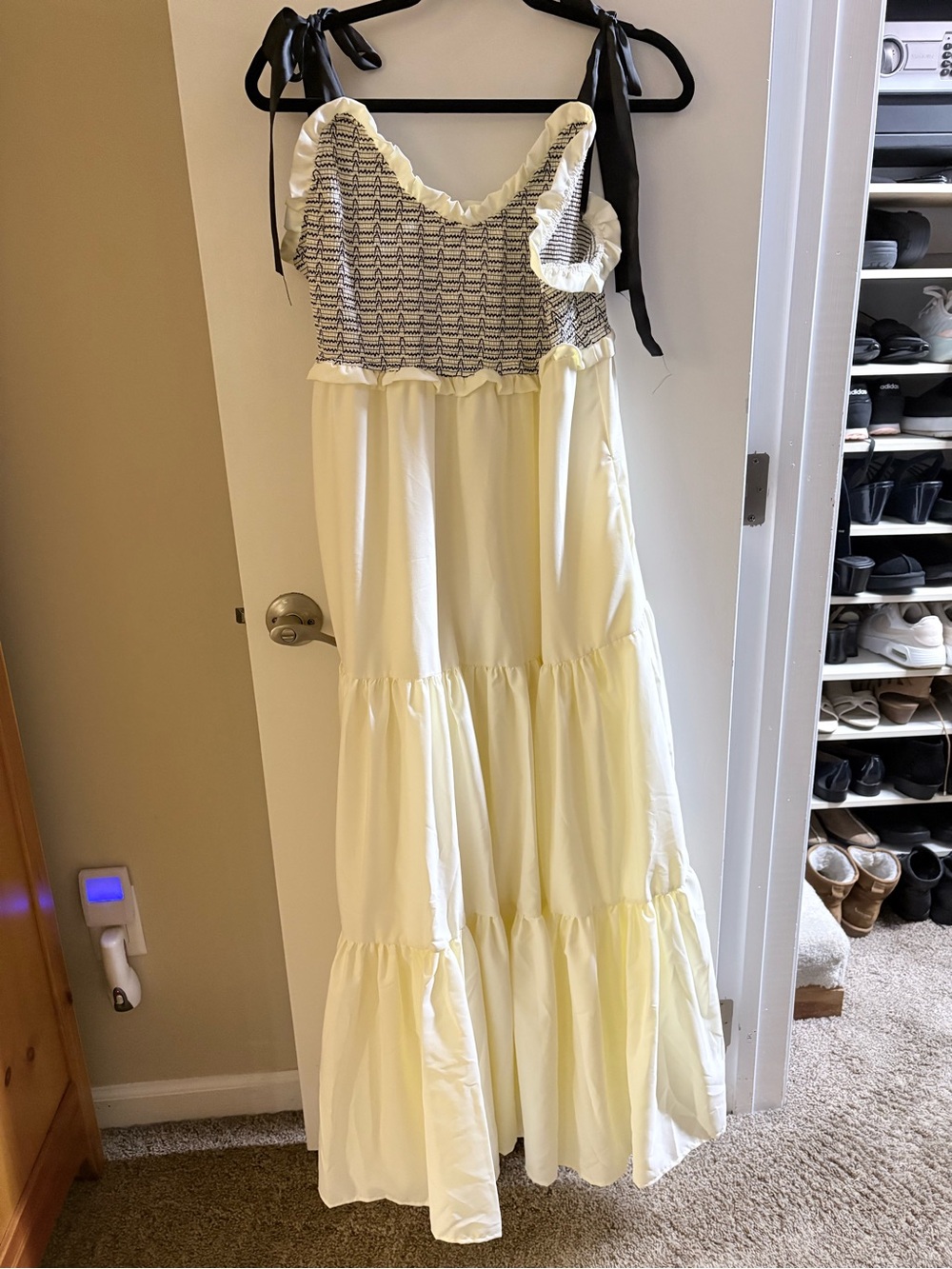 Womans beige Tiered Maxi Dress with Black Smocked Bodice and Tie Straps